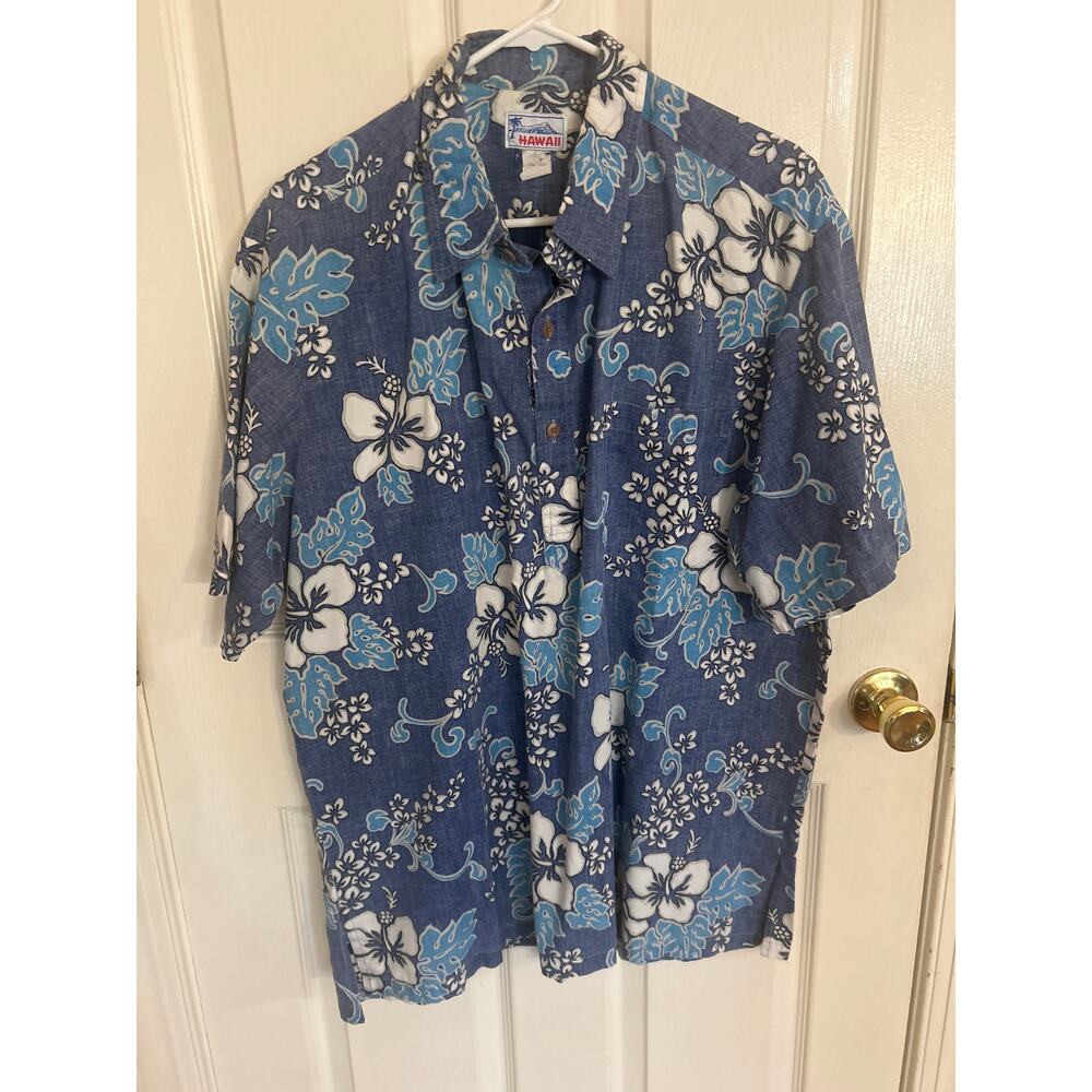 Vintage Hawaii Brand Shirt Blue Floral Made in‎ Hawaii Size Large